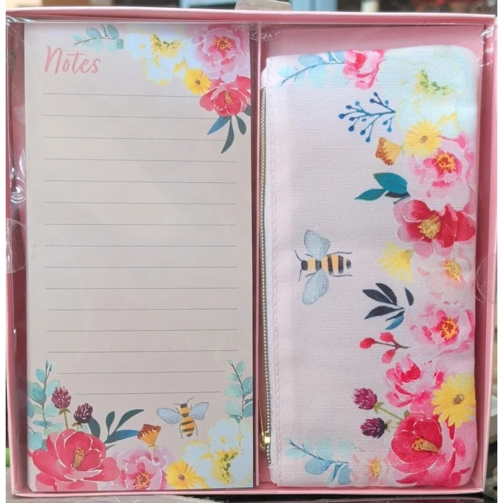 Pooch & Sweetheart Pink Magnetic List Pad & Pencil Pouch Floral Bee Stationery